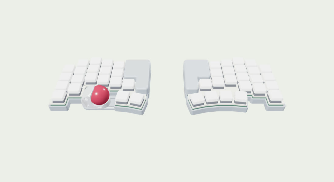 キーとトラックボールを組み込んだPiLowの3D表示。左右に分かれ、小指側の列が一段下がっている。